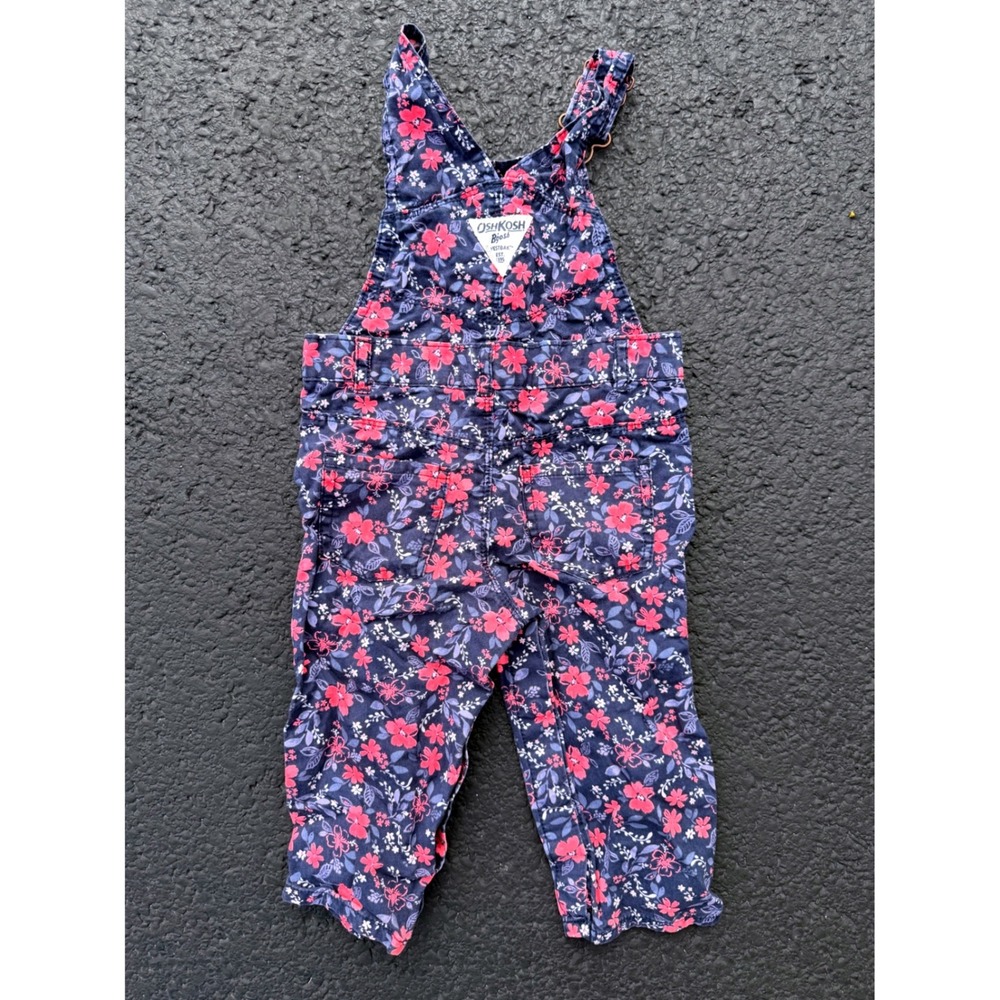 OshKosh Bgosh Floral Overalls Kids 12M Navy Pink Excellent Vestbak Cotton